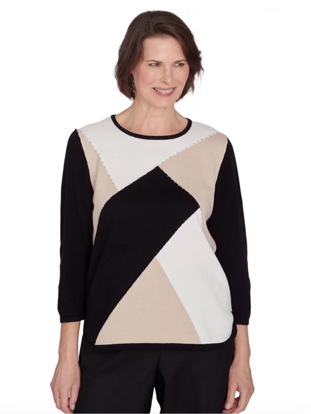Alfred Dunner Geometric Colorblock Crewneck Sweater in Black, Cream & Tan
